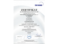 <p>Zertifikat T&Uuml;V NORD - Producent zbiornikow cisnieniowych - i ich elementow wg AD 200-Merkblatt HP0_20190601_ge</p>